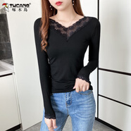 啄木鳥(niǎo)秋季新款莫代爾T恤女士蕾絲花邊V領(lǐng)長(cháng)袖大尺碼打底衫低領(lǐng)薄款秋衣 黑色V領(lǐng) 2XL(建議120-130斤