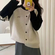 紫昕月撞色圓領(lǐng)插肩袖后背兔子提花單排扣針織衫女2023春季休閑外搭線衫 米白色 S 85-95