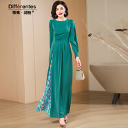 帝弗·潤馳超長(cháng)款綠色印花拼接長(cháng)款連衣裙2025純色褶皺大擺裙子純色氣質(zhì)長(cháng)裙 綠色 M