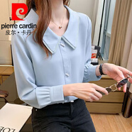皮爾卡丹（pierre cardin）娃娃領(lǐng)短袖襯衫夏季女裝遮肚洋氣減齡系帶上衣新款雪紡襯衫女 湖藍(lán)色：01（長(zhǎng) 袖） 春秋款 2XL:130-139斤