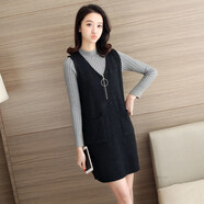 苜戈針織馬甲女中長(cháng)款無(wú)袖毛衣背心裙秋冬韓版V領(lǐng)套頭寬松大碼毛衣裙 黑色 M 80斤-105斤穿