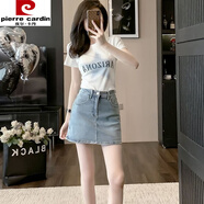 皮爾卡丹（pierre cardin）時尚氣質休閑牛仔半身裙短袖體恤套裝女夏季2025新款包臀裙兩件套 白色短袖體恤+藍色牛仔半身裙 M