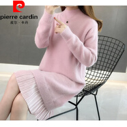 皮爾卡丹（pierre cardin）白色仿水貂絨連衣裙女秋冬韓版寬松洋氣純色拼接中長(cháng)款毛衣打底裙 粉色 S 建議95以下