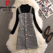 皮爾卡丹（pierre cardin）背帶裙顯瘦收腰連衣裙冬2025年格子長(cháng)袖打底吊帶氣質(zhì)秋女新款毛呢 黑色+黑毛衣 【兩件套】 2XL 【125-140斤穿】