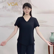 VOA41姆米重磅真絲V領(lǐng)短袖圓擺凹凸條純色織錦桑蠶絲T恤 BE581 條紋黑（B16） 2XL