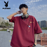 花花公子純棉短袖t恤男款潮流夏季裝青少年學(xué)生韓版寬松體袖正肩衣服潮牌 酒紅色 3XL