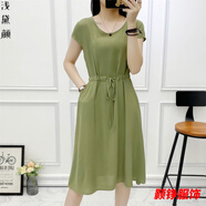 事思衣服女夏天的裙子時尚有口袋小個子純色棉綢連衣裙夏季時尚外穿顯 軍綠色 有口袋 XL 建議110-125斤