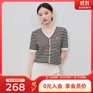 敦奴（DUNNU）dunnu敦奴2024夏季新款V領(lǐng)顯瘦鏤空撞色條紋針織衫女 正黑色 L