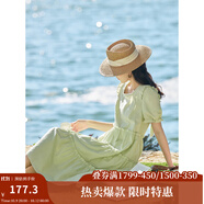 茵曼（INMAN）七七同款連衣裙2025夏女裝新款田園純棉提花方領(lǐng)A字泡泡袖蛋糕裙 淡綠色 74.6%粘纖 25.4%棉  L