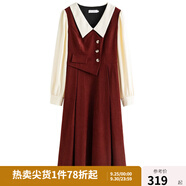 獨束大碼女裝假兩件撞色襯衫領(lǐng)連衣裙女秋冬微胖mm文藝復(fù)古穿搭裙子 勃艮第紅【適合160左右】 M