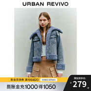 UR春季新款女裝復古港風設計感毛毛拼接牛仔外套UWL140001 灰藍 L