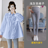 苒琦媽咪孕婦上衣襯衫春秋長袖寬松純棉休閑中長款職業(yè)白色連衣裙大碼套裝 藍色上衣+淺灰打底褲【套裝】 M
