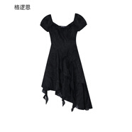 格邏恩（GELUOEN）法式茶歇連衣裙女新品仙女風(fēng)夢游愛麗絲甜辣顯瘦荷葉邊不規(guī)則裙子 黑色-短款-帶內(nèi)里帶拉鏈 均碼【可備注碼數(shù)】
