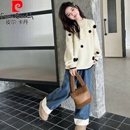 皮爾卡丹（pierre cardin）女童加厚毛衣秋冬裝兒童洋氣波點針織衫女孩韓版寬松甜美穿搭上衣 米色 140 cm