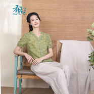布符布符夏季新品黃寫(xiě)意花復古V領(lǐng)花邊襯衫簡(jiǎn)約印花舒適短袖女 黃寫(xiě)意花 S