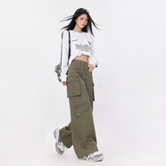 勁維迪美式時(shí)尚工裝褲女2025春秋新款高腰顯瘦設(shè)計(jì)感寬松闊腿褲拖地褲子 軍綠色長(zhǎng)褲 L （113-125斤）