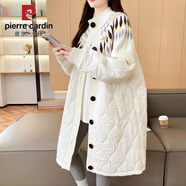 皮爾卡丹（pierre cardin）大碼棉衣拼接毛衣開(kāi)衫棉服外套女中長(cháng)款過(guò)膝外穿秋冬新款寬松慵懶 米白色 均碼 【90-160斤】