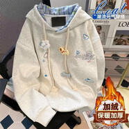 米妮哈魯（MiniZaru）女童衛衣卡通刺繡格紋連帽上衣秋冬加絨新款寬松慵懶設計百搭外套 白灰【2227加絨款】 130 【建議身高120-130cm】