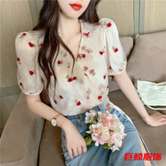 tromlfz法式碎花襯衫女設計感小眾短款收腰夏裝新款泡泡袖雪紡上衣 圖片色【精選面料】 M