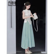 丹珠娜（DanZhuNa）小香風(fēng)連衣裙子夏天女裝2025新款夏季法式梨形身材傘裙長裙套裝女 1137旗袍襯衫+綠色裙子 S