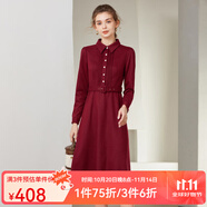 經(jīng)典故事（JANE STORY）高級感羊毛毛呢連衣裙女秋冬2024新款法式復古襯衫領氣質(zhì)修身裙子 酒紅色 M