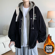 普戈斯（PUGESI）棒球服男外套春秋季胖子加大碼新款潮流寬松百搭拼色圓領(lǐng)夾克 J853黑色冬季加棉加厚連帽款 M
