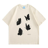 途尼蝴蝶發(fā)泡印花短袖t恤女春夏2024年新款復古潮牌情侶裝寬松上衣 奶黃色 M