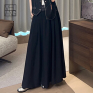 美洋（MEIYANG）破曉半身裙牛仔腰頭拼接A字傘裙高腰壓褶中長(cháng)裙時(shí)尚夏季新款裙子 黑色（長(cháng)版） S