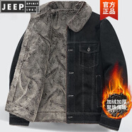 JEEP SPIRIT冬季休閑牛仔夾克外套男士加絨加厚保暖羊羔絨翻領棉衣中青年男潮 黑色-加絨加厚 M 建議100斤-120斤