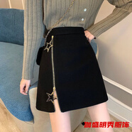 口旋韓版高腰毛呢A字包臀短裙女學生新款冬季外穿寬松顯瘦休閑半身裙 黑色 有內(nèi)襯 M 95-108斤