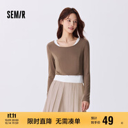 森馬長袖T恤女短款上衣顯瘦純色背心春秋緊身兩件套107624101002