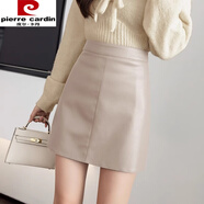 皮爾卡丹（pierre cardin）高腰PU皮裙半身裙女秋冬季2024冬裝新款顯瘦百搭A字包臀裙短裙子 杏色 S