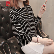 皮爾卡丹針織衫秋冬季新款韓版蝙蝠衫2025大尺碼條紋女寬松女士短款毛衣外 黑色  S