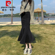 皮爾卡丹（pierre cardin）黑色魚(yú)尾裙半身裙女春秋a字裙高腰不規則中長(cháng)款辣妹包臀牛仔裙子 灰黑色 M