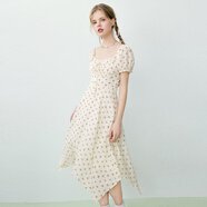 樂(lè )町蝴蝶結系帶法式浪漫連衣裙不規則下擺小個(gè)子 米黃（現貨） M