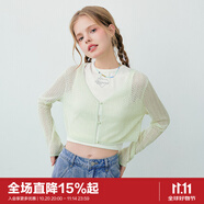 樂町鏤空針織開衫春夏新款空調(diào)衫V領(lǐng)廓形長(zhǎng)袖罩衫薄款貝殼衫 淺綠（現(xiàn)貨） M