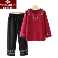 俞兆林（YUZHAOLIN）媽媽春秋裝兩件套70歲80棉麻中年人媽媽夏裝繡花襯衫套裝老人衣服 226-酒紅色套裝 4XL (建議130-145斤)