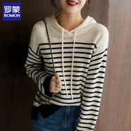 羅蒙（ROMON）條紋針織連帽衛衣女秋冬2025新款女裝寬松毛衣長(cháng)袖百搭帶帽上衣 LM646#白色 M 建議100-115斤