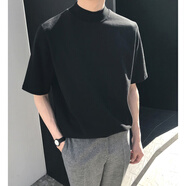 雪德雅（XUEDEYA）大衣內搭男氣質(zhì)設計感小高領(lǐng)文藝范男生寬松短袖純色內搭小領(lǐng)口打 半高領(lǐng)短T黑色 2XL