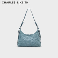 CHARLES&KEITH褶皺油蠟皮手提單肩腋下包女生日禮物CK2-40271360 Denim Blue深牛仔藍(lán)色 M