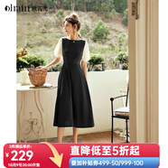 Olrain歐芮兒2025夏季新款黑色撞色袖收腰顯瘦法式連衣裙一字領(lǐng)女 黑色 XL