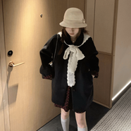 乖乖女黑色毛呢拼袖夾棉毛呢大衣短裙A字俏皮可愛小個(gè)子秋冬套裝 外套+半裙 送披肩 S
