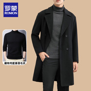 羅蒙（ROMON）中長(zhǎng)款羊毛呢大衣男2025秋冬季新款羊絨西裝領(lǐng)雙排扣風(fēng)衣男生外套 黑色+高領(lǐng)毛衣 XL （建議130-150斤）
