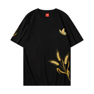 街派一族個(gè)性國潮花卉刺繡短袖潮牌ins時(shí)尚男士t恤夏季衣服寬松黑色M