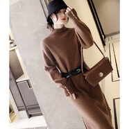 花花公子（PLAYBOY）針織連衣裙秋冬燈籠袖氣質(zhì)名媛新款腰帶收腰半高領(lǐng)毛衣長裙 咖啡色 S