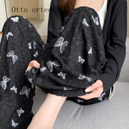 Otto ortee輕奢潮流高腰蝴蝶印花休閑褲女夏季新款垂感直筒闊腿褲褲子短 黑色 S 建議80-100斤