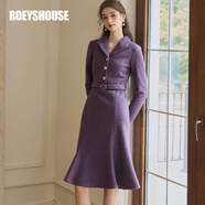 ROEYSHOUSE羅衣高級(jí)魚尾毛呢連衣裙冬季新款法式小香風(fēng)系帶中長(zhǎng)裙11491 紫色 L