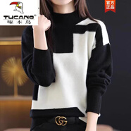 啄木鳥(niǎo)（TUCANO）半高領(lǐng)套頭針織羊毛衫秋冬裝韓版時(shí)尚拼色寬松顯瘦百搭打底毛衣女 黑白色  半高圓lin  XL -建議120-130斤
