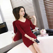 朦朧杏 毛衣打底衫女中長(cháng)款低領(lǐng)修身顯瘦秋冬季針織性的感百搭包臀 酒紅色v S (建議75-90斤)