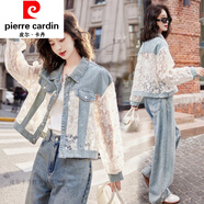 皮爾卡丹（pierre cardin）刺繡網(wǎng)紗拼接牛仔女2022春夏季寬松破洞短款很仙的蕾絲外套 圖片色 L